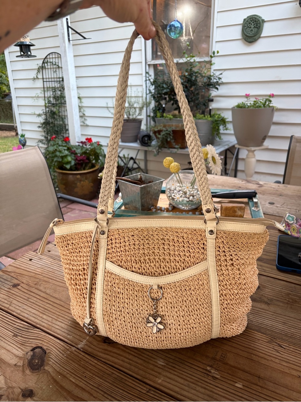 Brighton Woven Straw Raffia Tote Shoulder Bag Cream Leather Heart Flower Charms